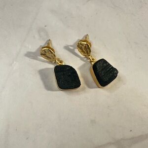 Black Tourmaline Drop Earrings 18K Gold Plated Raw Stone Earrings